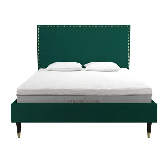 Upholstered Bed Frame with Studded Border - Green, Velvet