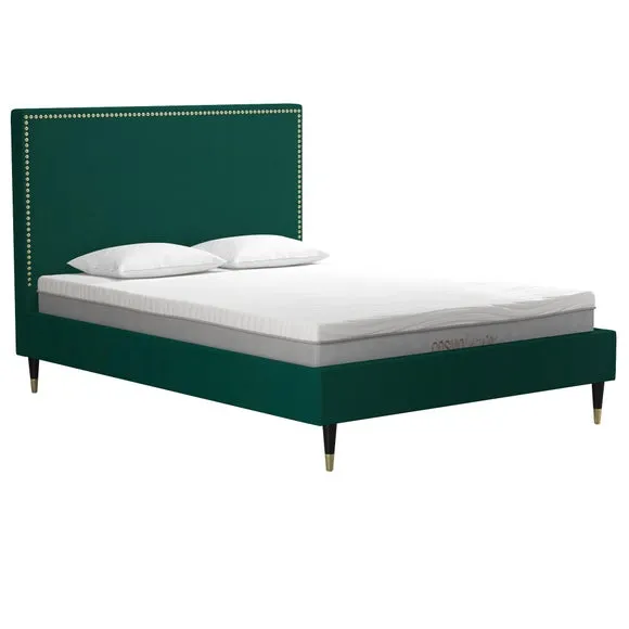 Upholstered Bed Frame with Studded Border - Green, Velvet
