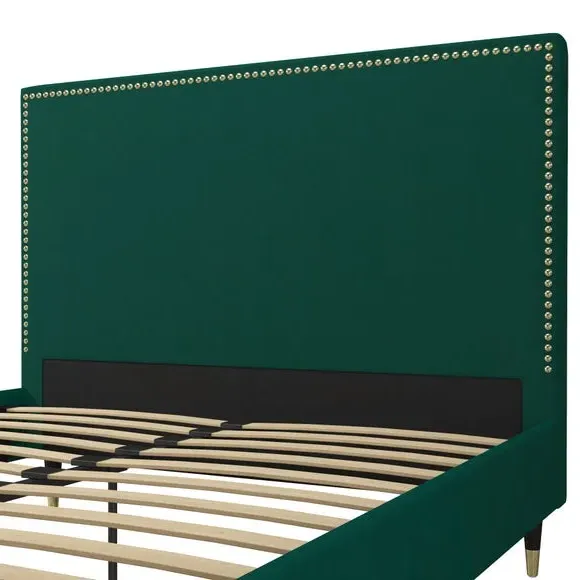 Upholstered Bed Frame with Studded Border - Green, Velvet
