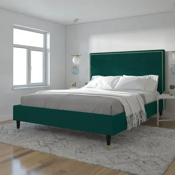Upholstered Bed Frame with Studded Border - Green, Velvet image