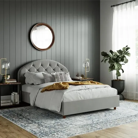 Upholstered Bed Frame with Tufting - Grey, Velvet image