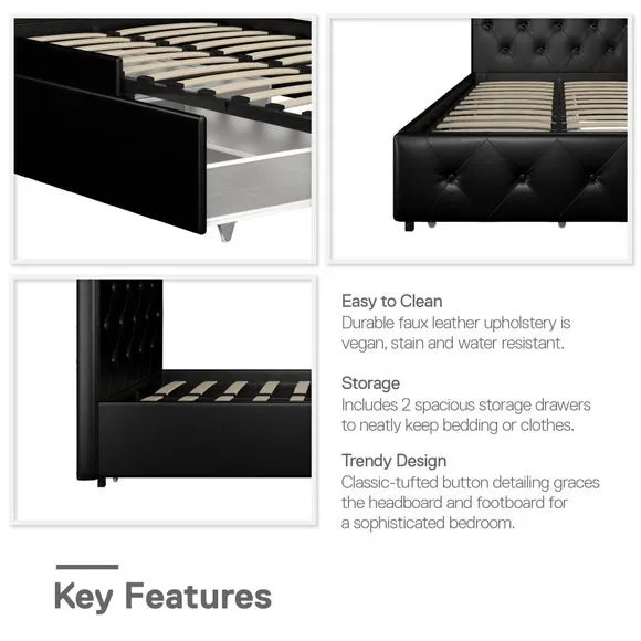 Upholstered Bed with Storage - Black, Faux Leather