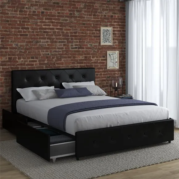 Upholstered Bed with Storage - Black, Faux Leather