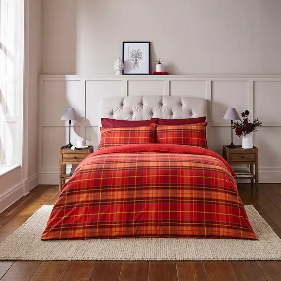 Check Duvet Cover Set - Red, Brushed Cotton