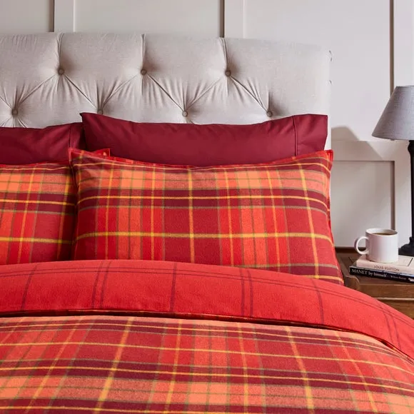 Check Duvet Cover Set - Red, Brushed Cotton