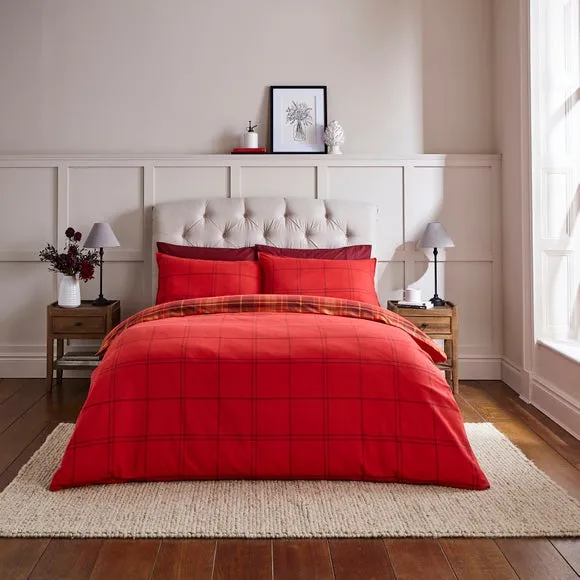 Check Duvet Cover Set - Red, Brushed Cotton