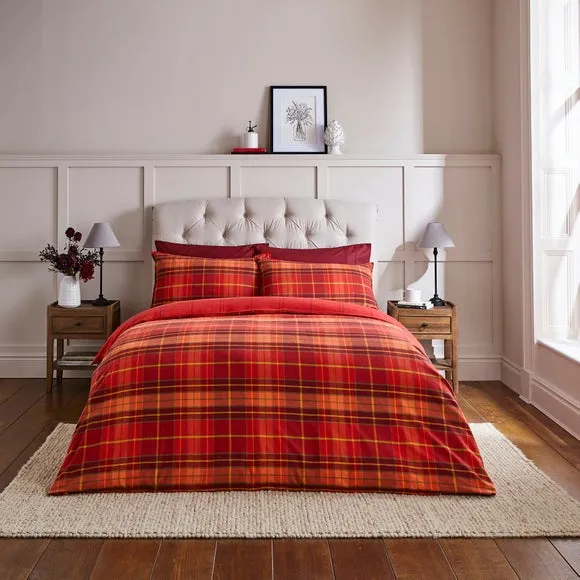 Check Duvet Cover Set - Red, Brushed Cotton