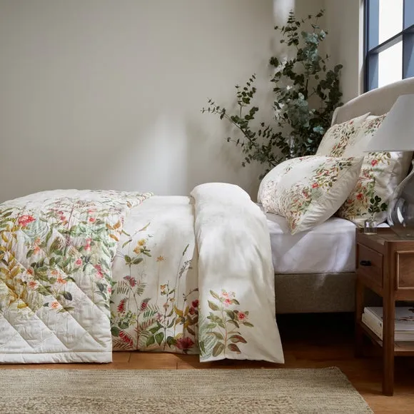 Cotton Bedspread with Floral Print - Cream