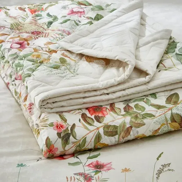Cotton Bedspread with Floral Print - Cream