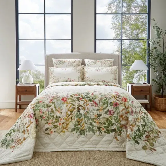 Cotton Bedspread with Floral Print - Cream image