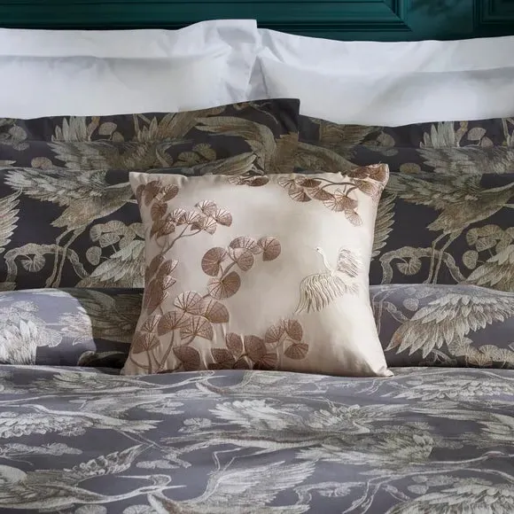 Decorative Cushion with Crane Design - Champagne