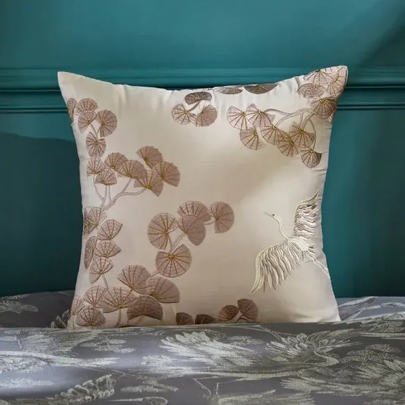 Decorative Cushion with Crane Design - Champagne image