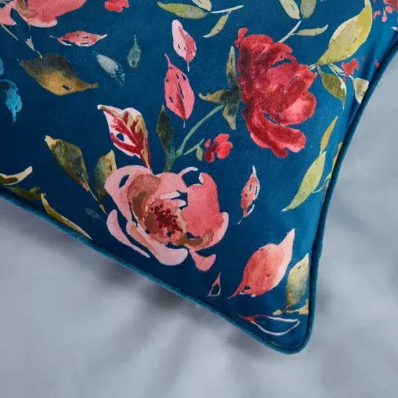Decorative Cushion with Floral Design - Blue, Velvet