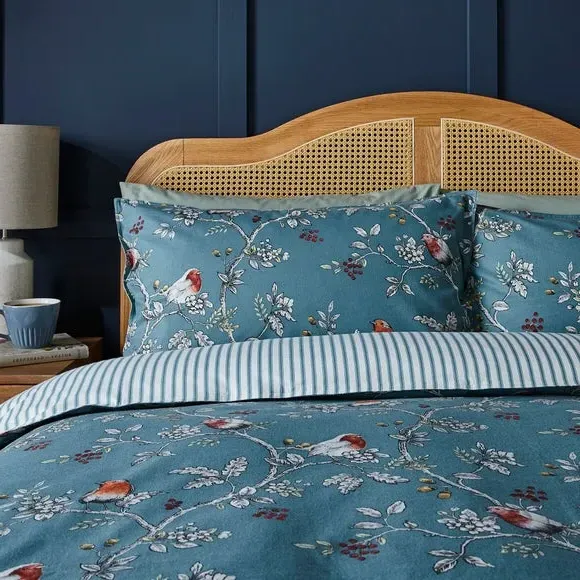 Duvet Cover Set with Robin Design - Blue, Cotton