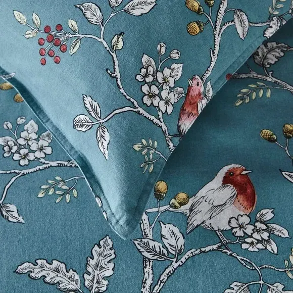 Duvet Cover Set with Robin Design - Blue, Cotton