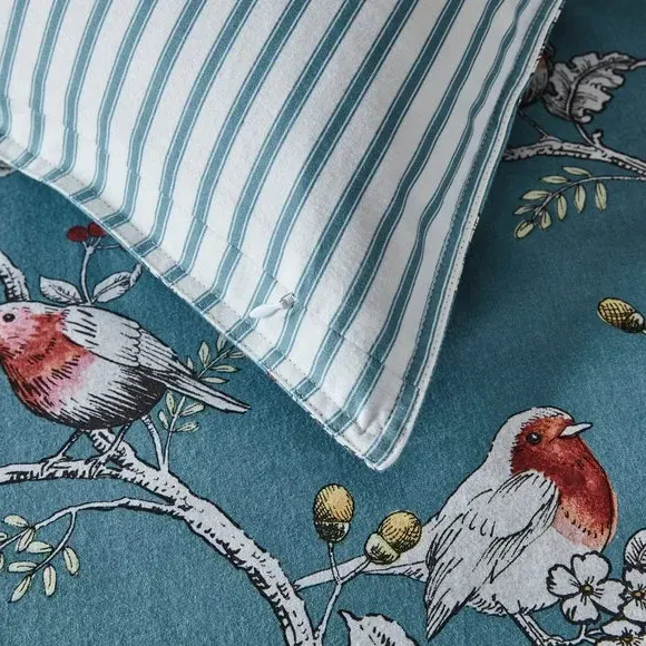 Duvet Cover Set with Robin Design - Blue, Cotton