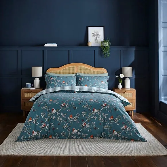 Duvet Cover Set with Robin Design - Blue, Cotton