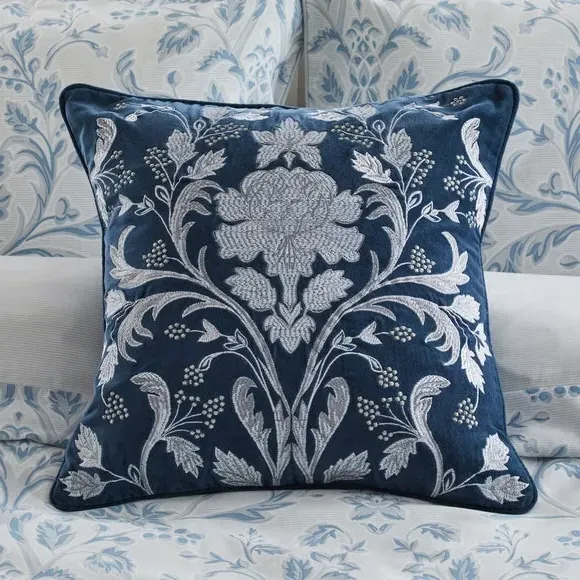 Embroidered Cushion with Duck Feather - Blue, Cotton image