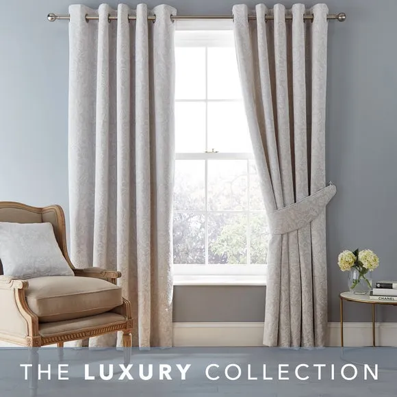 Eyelet Curtains with Damask Pattern - Grey, Chenille