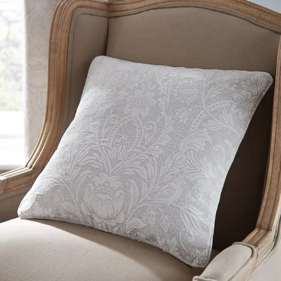 Eyelet Curtains with Damask Pattern - Grey, Chenille