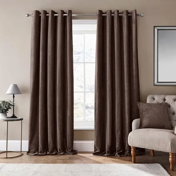 Eyelet Curtains with Lining - Brown, Cotton