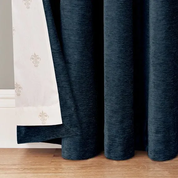 Eyelet Curtains with Lining - Navy, Cotton