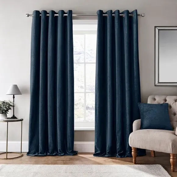 Eyelet Curtains with Lining - Navy, Cotton