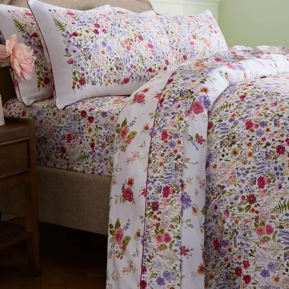 Flat Sheet with Floral Print - White, Cotton