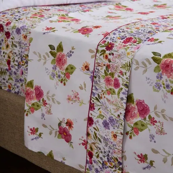 Flat Sheet with Floral Print - White, Cotton
