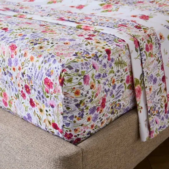 Flat Sheet with Floral Print - White, Cotton image