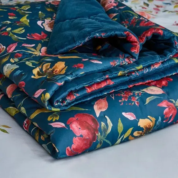 Floral Bedspread Reversible - Vintage Blue, Cotton