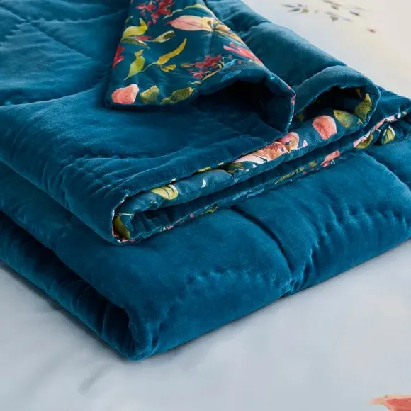 Floral Bedspread Reversible - Vintage Blue, Cotton