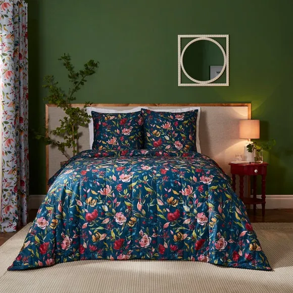 Floral Bedspread Reversible - Vintage Blue, Cotton