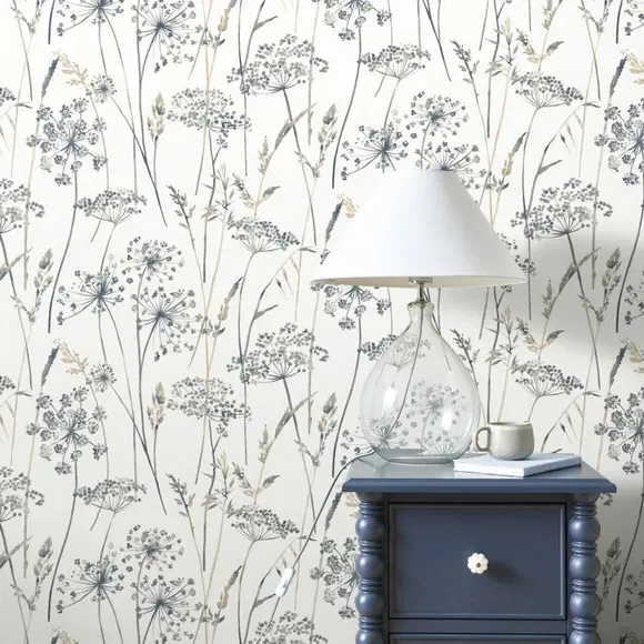 Floral Wallpaper Non-Woven - White, Blue