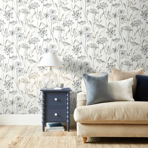 Floral Wallpaper Non-Woven - White, Blue image