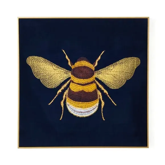 Framed Canvas with Embroidered Bee - Blue