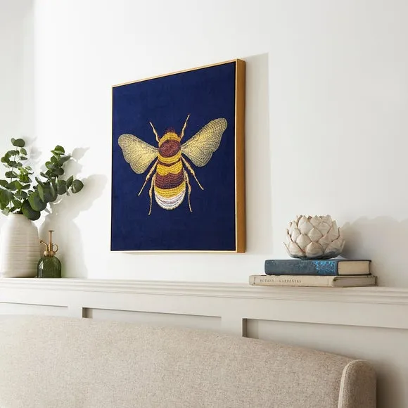 Framed Canvas with Embroidered Bee - Blue image