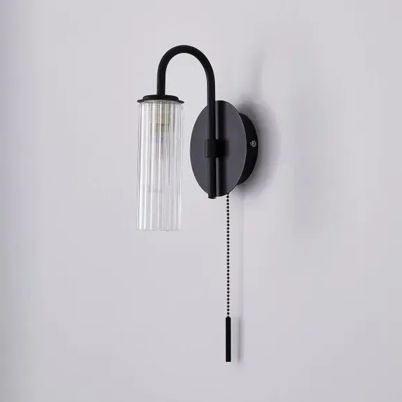 Henstone Wall Light with Pull Cord - Black, Glass