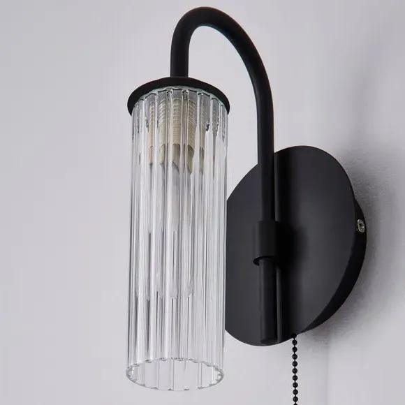 Henstone Wall Light with Pull Cord - Black, Glass