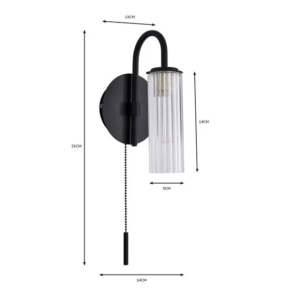 Henstone Wall Light with Pull Cord - Black, Glass