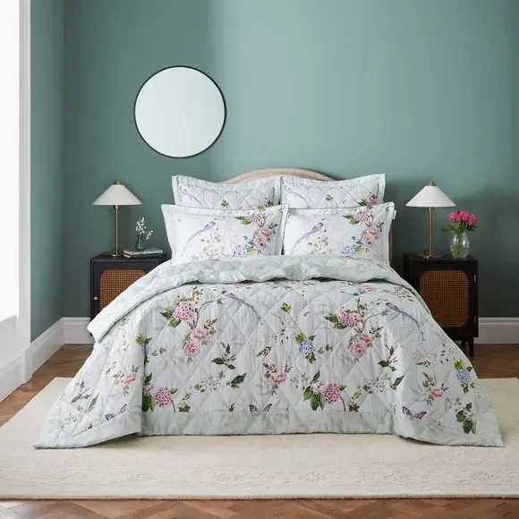Love Bird Bedspread - Celadon, Cotton Sateen
