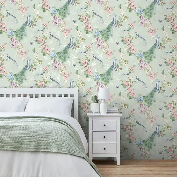 Love Birds Wallpaper - Green, Non-Woven image