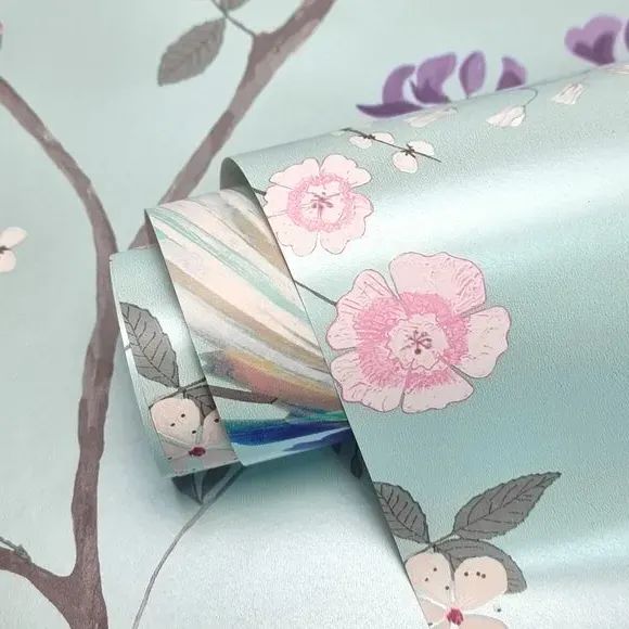 Maiya Wallpaper Bird & Floral - Duck Egg