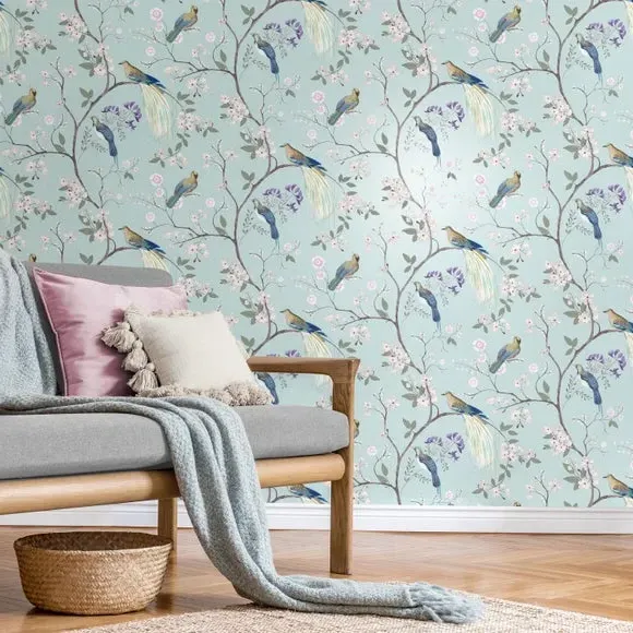 Maiya Wallpaper Bird & Floral - Duck Egg