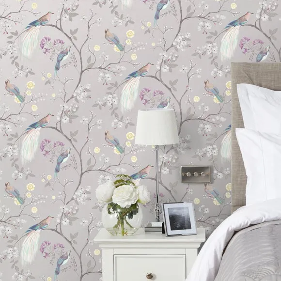 Maiya Wallpaper Bird & Floral - Grey