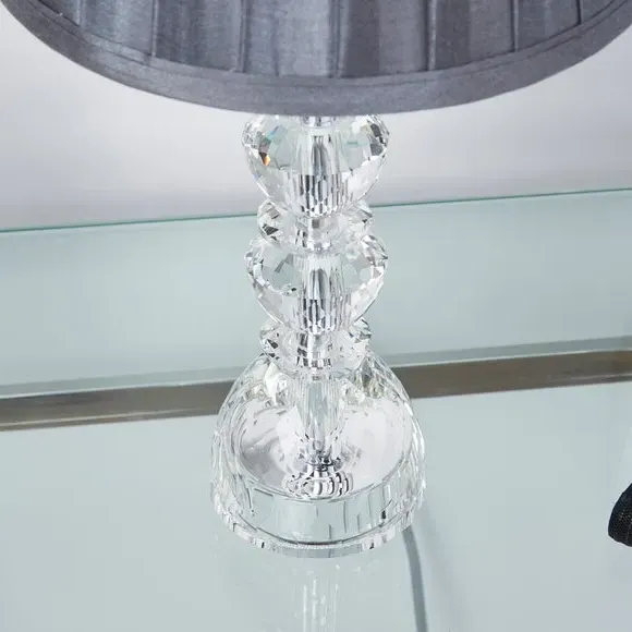 Mini Table Lamp with Crystal Base - Grey, Faux Silk