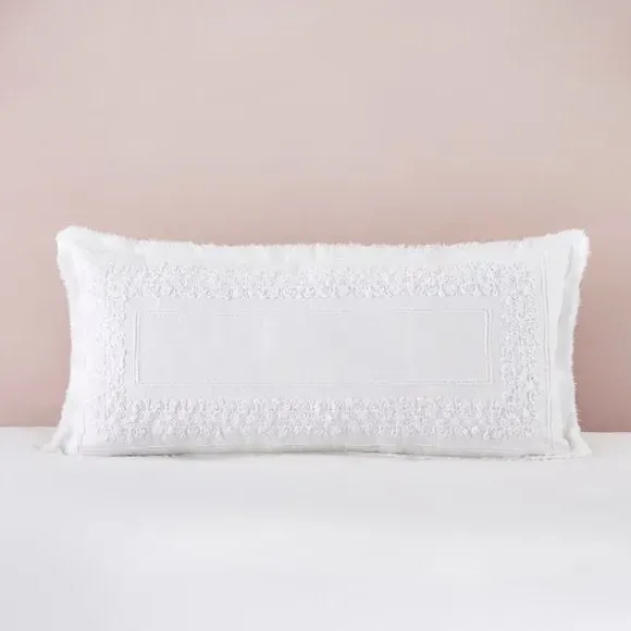 Long Boudoir Cushion with Embroidery - White