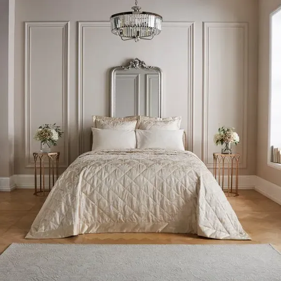 Quilted Bedspread Palm Design - Cream, Jacquard