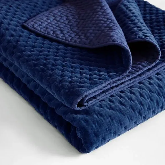 Quilted Bedspread with Hand Stitching - Navy, Velvet
