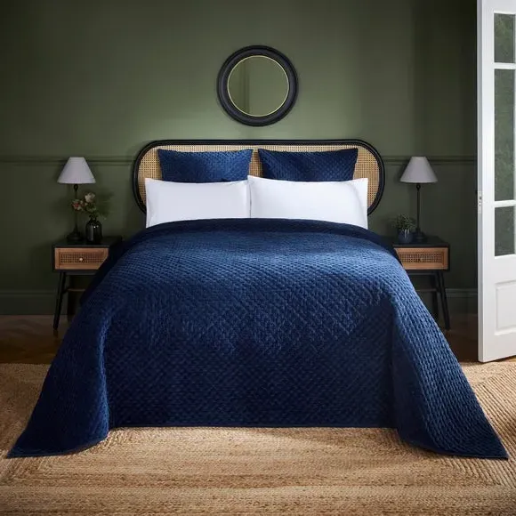 Quilted Bedspread with Hand Stitching - Navy, Velvet